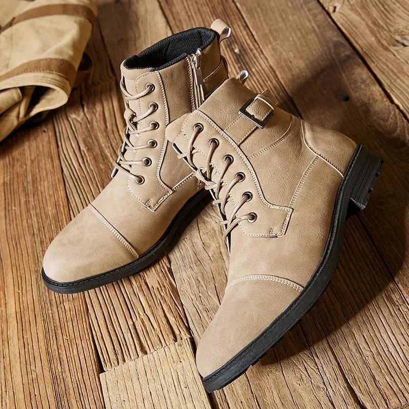 Autumn Winter Anti Slip Retro Man Leather Boots Lace Up High Top Ankle Boots Outdoor Men Martiin Boot Side Zipper Tooling Boots