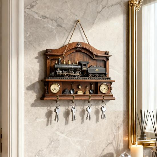 Wooden Highland Cattle Key Holder with 4 Hooks Vintage Train Wall Mount Key Organizer Multi-purpose Home Office Entryway Decorative Key Hanger Rack