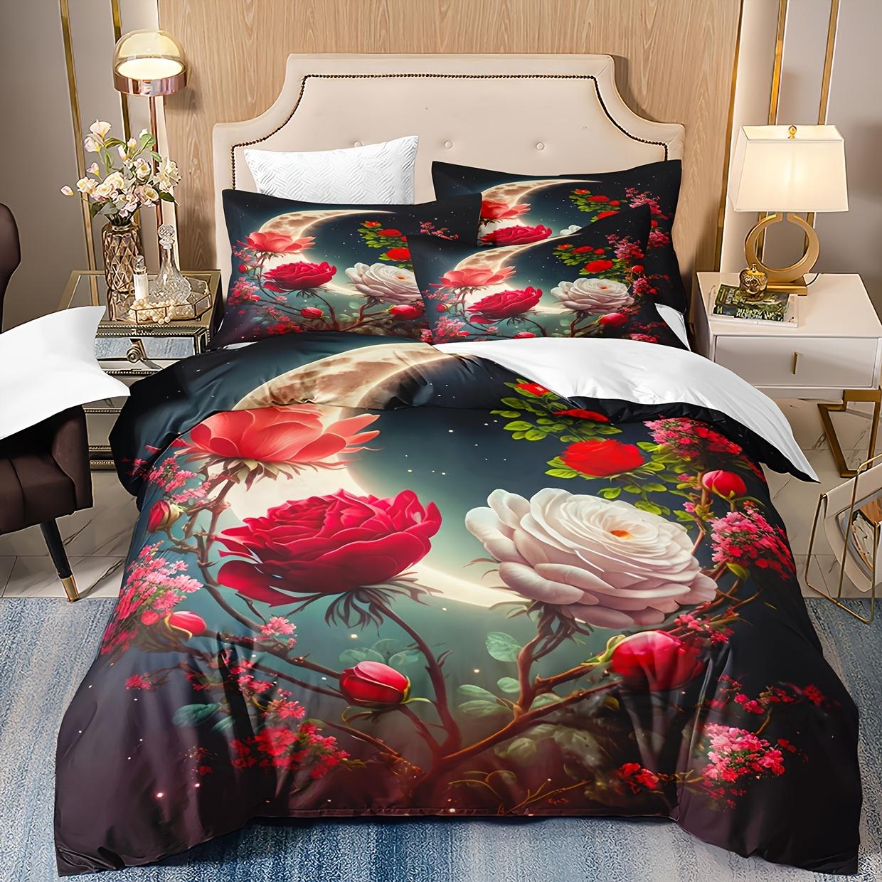 Comforter 3Pcs Bedding Se Rose Flower 3D Printed 3D Digital Printed Bedroom Soft And Comfortable Breathable Bedding Set Comforter (quilt)-EU Single(135*200cm)3pcs