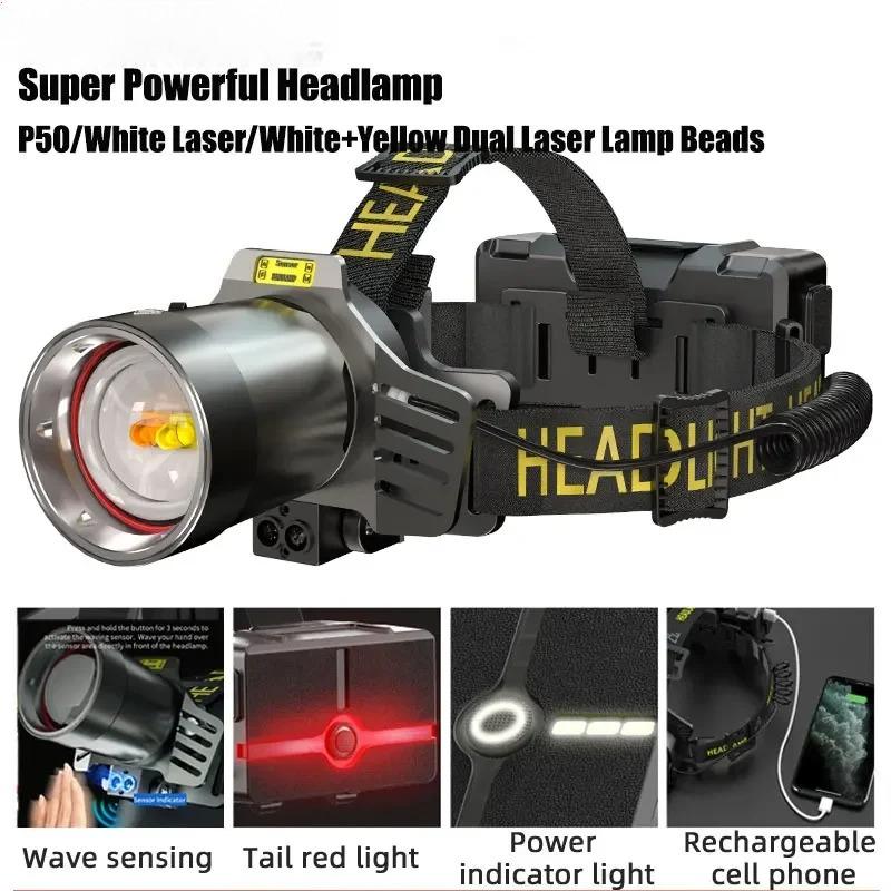 Dual Laser Rechargeable Head Flashlight Led Headlamp High Power Headlight Waterproof  Super Bright Head Torch