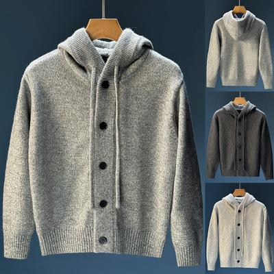 Cleanfit Grey Open Cardigan Men's Loose Lazy Style Knitted Hat Sweater Casual Fashion Winter Outerwear Comfortable Thickened