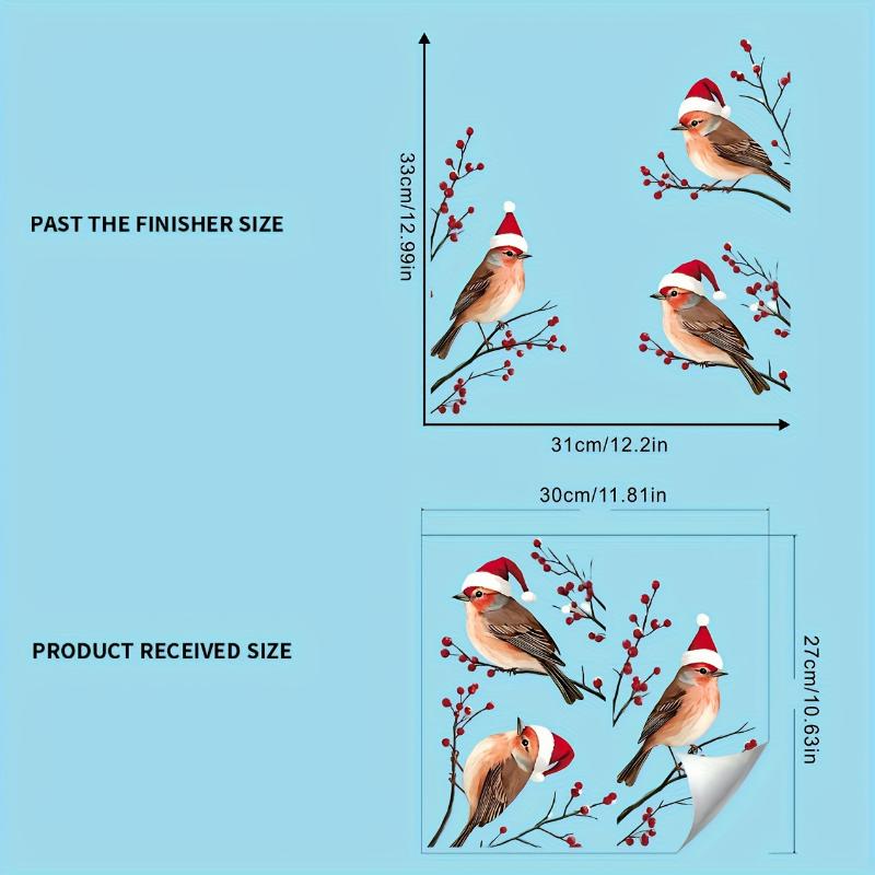 Three Birds In Santa Hats Window Stickers Christmas Theme Red Berry Branches Decoration Wall Stickers Glass Decal Poster