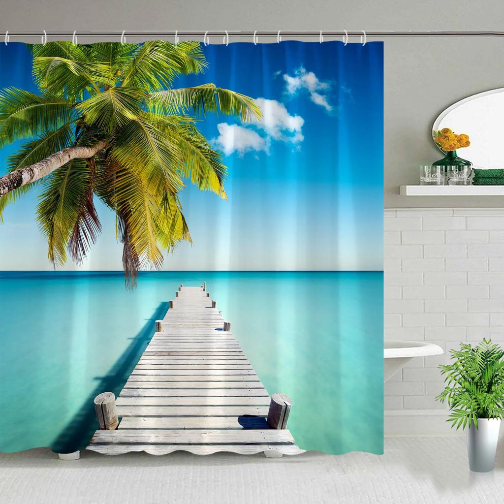 Hawaii Landscape Outdoor Shower Curtain Island Beach Coconut Tropical Ocean Natural Landscape Hanging Curtain Bathroom Decor Set