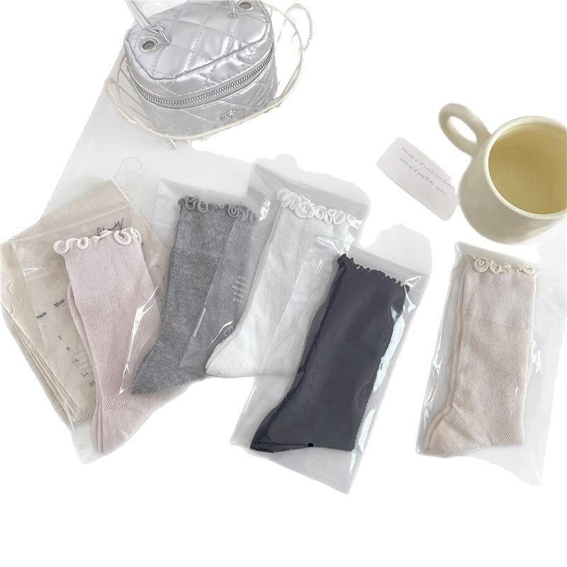 Thin Lace Socks Women'S Summer Hollow Mesh Boneless Pile Socks Wind Fungus Edge Socks Solid Color Mid-Tube Socks