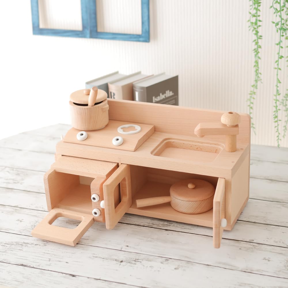 Daiwa Wooden Toy Mini Kitchen A Complete Pretend Play Starter Set Perfect for pretend kitchen wooden kitchen pretend play set (White) - - play,