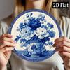 Vintage Round Metal Wall Art Sign with Blue Porcelain Floral Design
