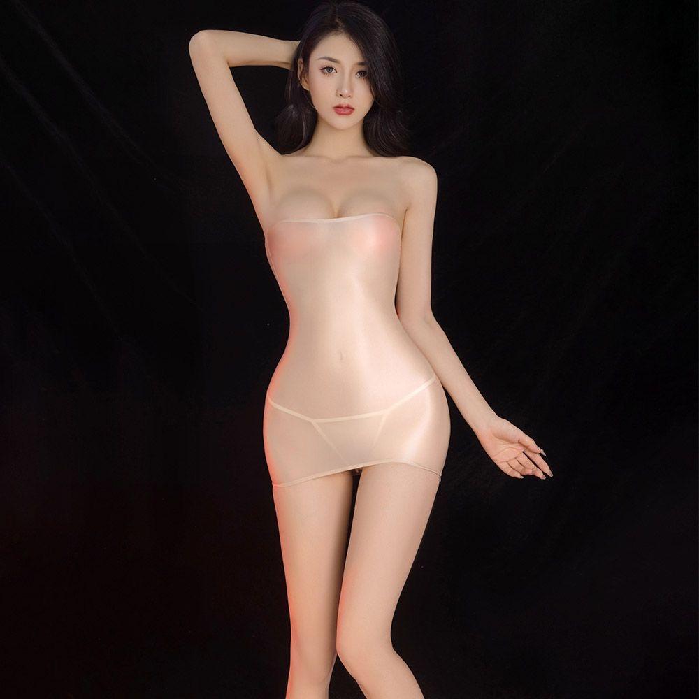 Sexy Oil Glossy Shin Sheer Micro Mini Dress See Through Bodycon Sexy Tight Pencil Cute Dress Smooth Elastic Bandage Dress