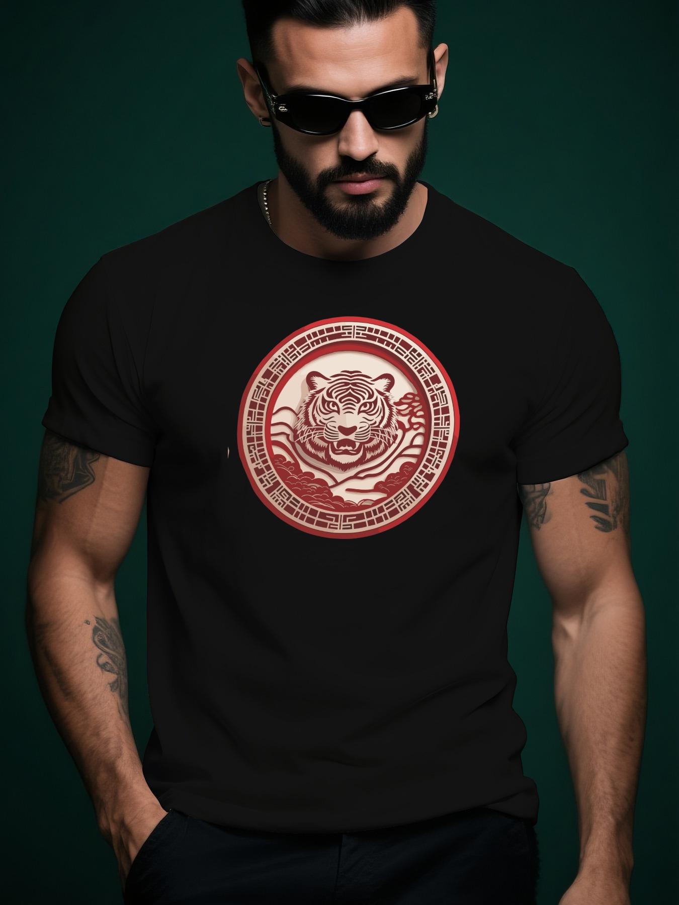 Cotton Crew Neck Tshirt with Tiger Head Graphic S