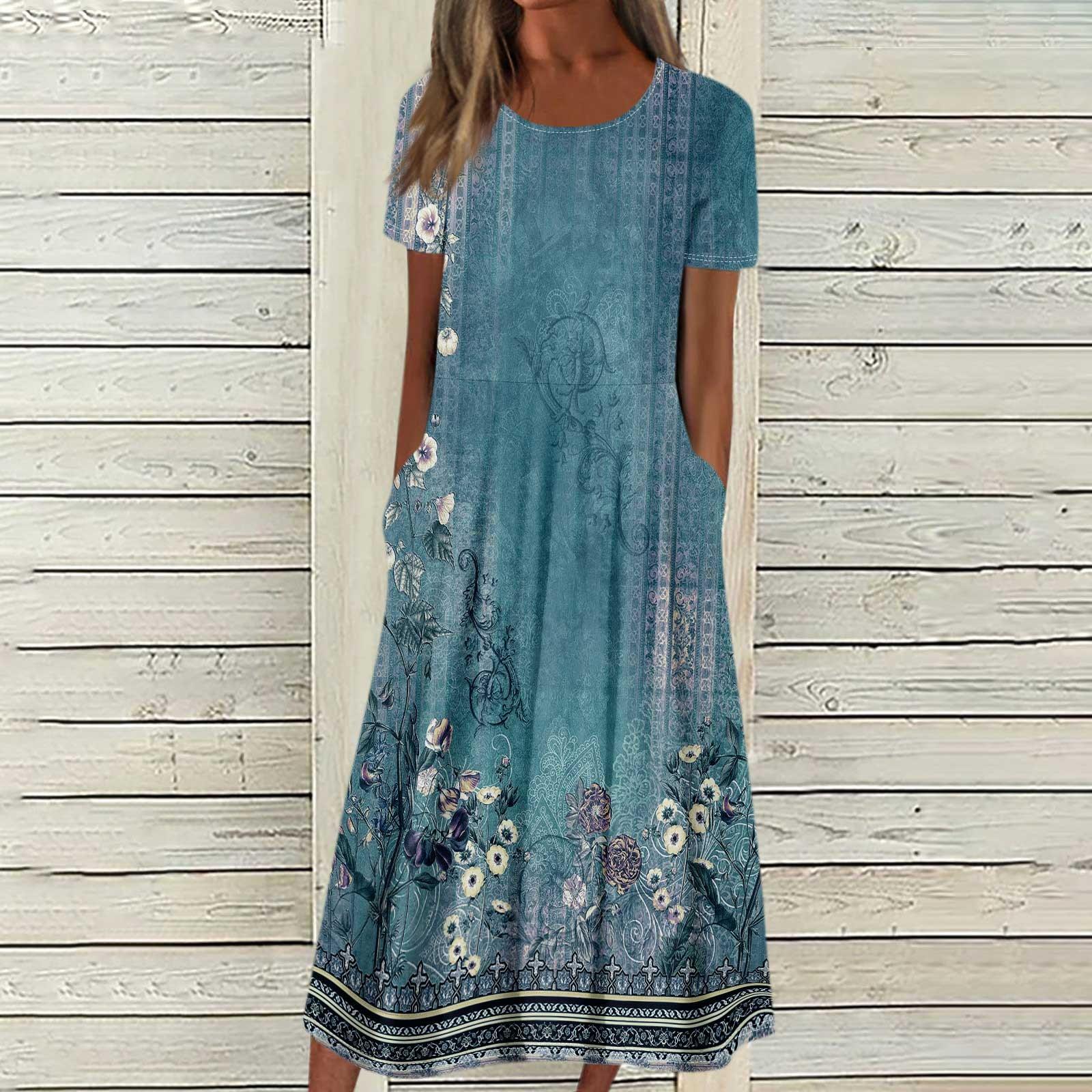 Женское летнее повседневное модное платье с коротким рукавом и карманом с круглым вырезом — фото 8