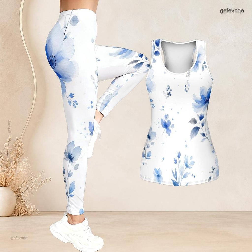 Women Plus Size Two Piece Set Scoop Neck Sleeveless Floral Printed Tank Top And Fitted Pants