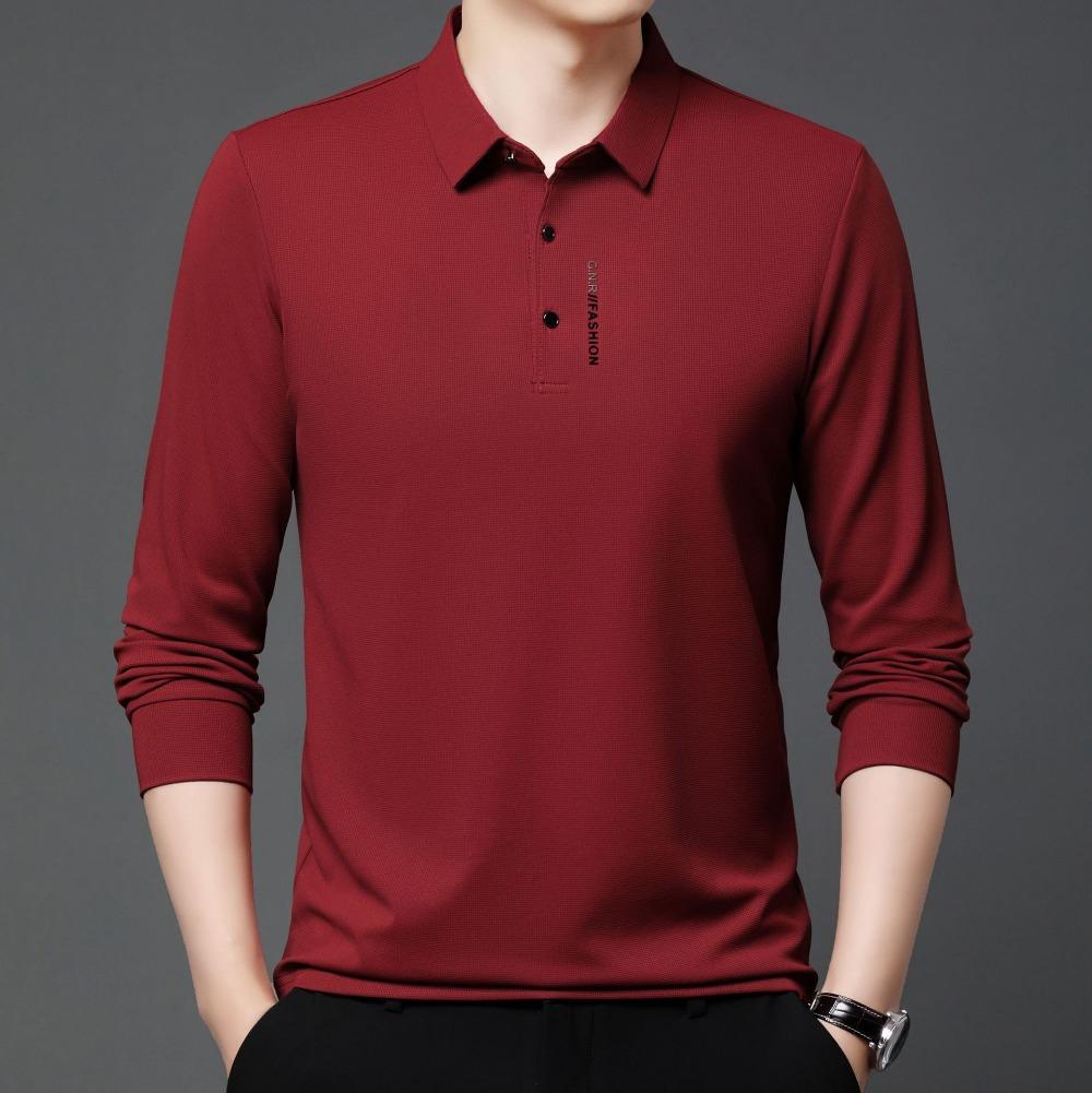 

Мужская вафельная рубашка поло с длинными рукавами и повседневным топом с буквенным принтом на лацкане M красный