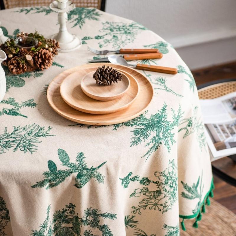 Round Tablecloth 59Inch Cotton Table Cloth Decorative Table Cover for Kitchen Dining Table Buffet Parties and Camping