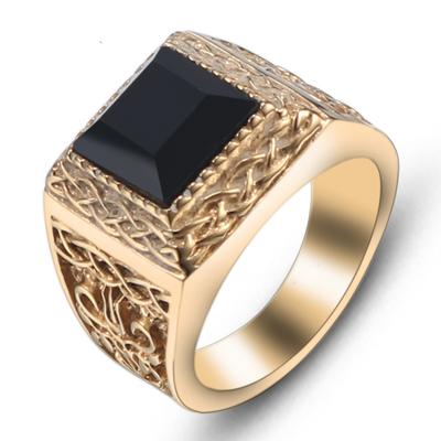 Bling Gold Color Black Stone Square Finger Rings for Men Rock Jewelry Size 8-12