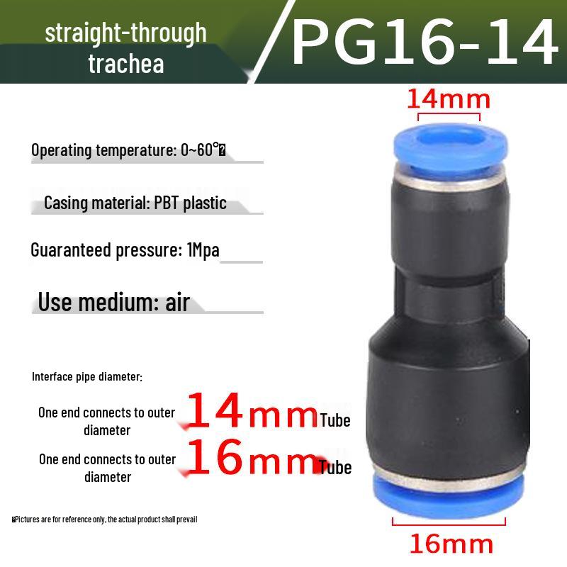 Pneumatic Air Tube Connector: PU8 Straight, PV10 Right-Angle Elbow, Quick-Insert, Butt Joint, Blue Plastic, PG6-4 Reducer.