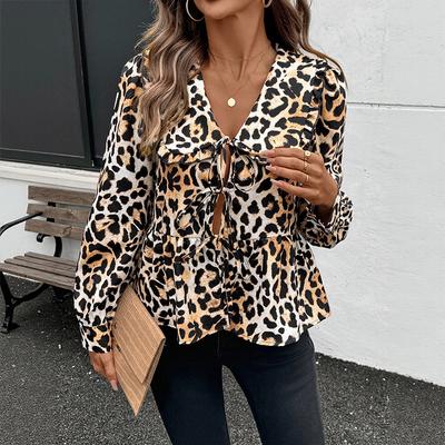 A New Autumn Vintage Leopard Print Sweet Blouse with A Lace-up Baby Collar for Women