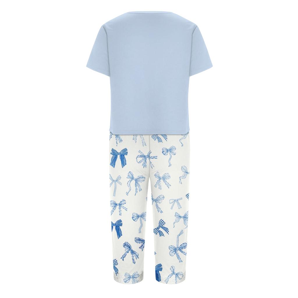 Women's Printed Short Sleeve Pajama Set - Casual Two Piece Sleepwear with Pants