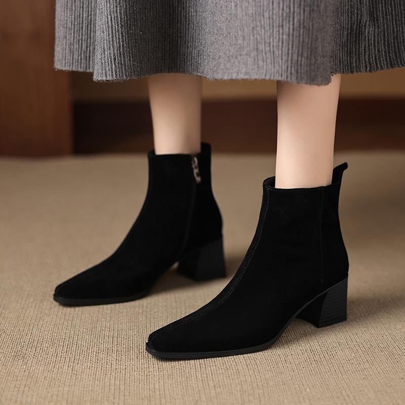 Krazing Pot Cow Suede Nubuck Winter Round Toe Chunky Heels Fashion Boots Women Zipper Retro Elegant Women Ankle Boots