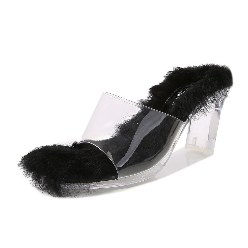 

Нишевый дизайн Сладкие и универсальные туфли на высоком каблуке Мао Мао, актриса, хрустальный каблук, сандалии из кроличьего меха, верхняя одежда 43 чёрный