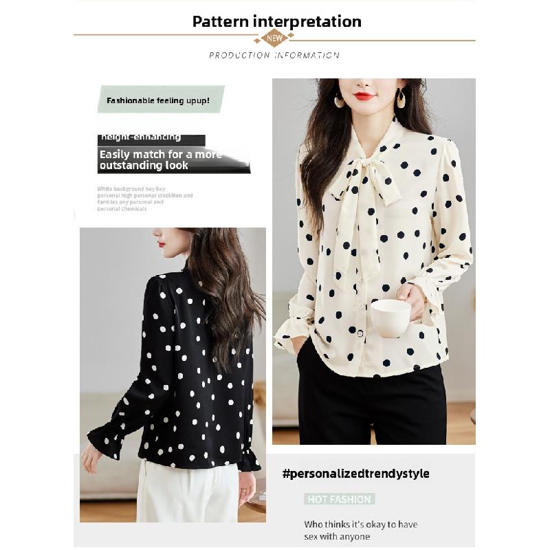 2026 Nuovo Top alla Moda ed Elegante per la Primavera, Camicia Versatile in Chiffon a Maniche Lunghe con Pois Neri