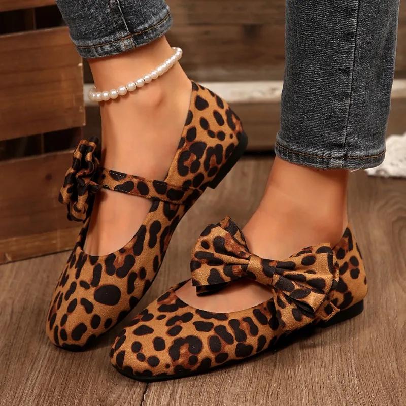 Fashion Square Toe Ballet Flats Women Buckle Casual Loafers Sweet Bow Comfortable Women's Shoes Autumn Leisure Leopard Women Flat Shoes
