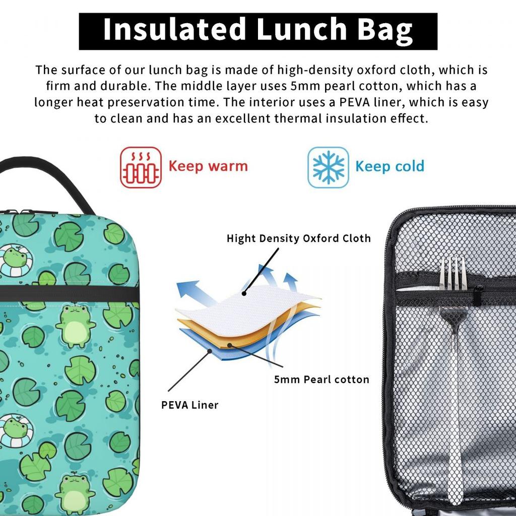 Cartoon Niedliches Froschmuster auf Lotusblättern Isolierte Lunchtasche für Damen Kinder Auslaufsichere Lebensmittelboxen Thermische Brotdose Tragetasche