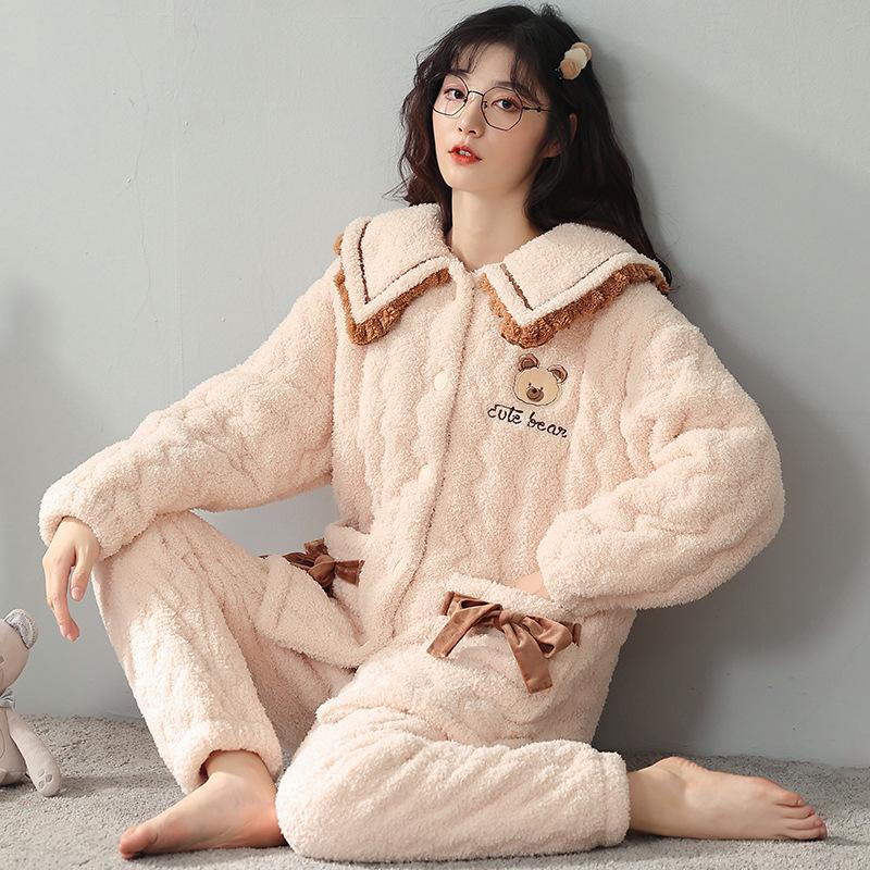 Coral Velvet Quilted Pajamas Women's Winter Three Layer Thick and Fleece Home Wear Women's Winter Flannel Thermal Set