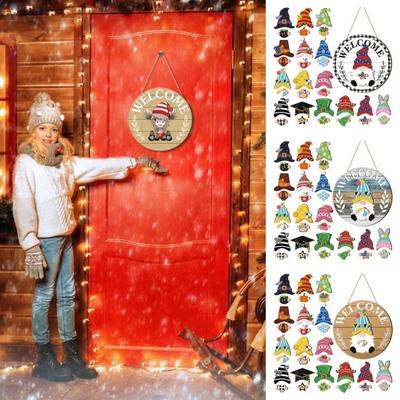 1 Set Austauschbares Hölzernes Willkommensschild mit Saisonalen Hut-Accessoires, Zwerg, Hochlandkuh, Hängendes Haustürschild, Heim-, Büro-, Feiertagsdekoration