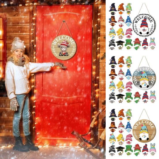1 Set Interchangeable Wooden Welcome Sign with Seasonal Hat Accessories Gnome Highland Cow Hanging Front Door Sign Home Office Holiday Decoration