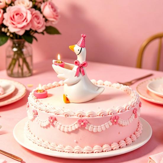 Portacandele Anatra Topper per Torta, Carina Statuetta Anatra in Resina con Fiocco e Cappello da Festa, Foro Metallo per Candela, Piccola Statua Anatra per Torta di Compleanno Tavolo