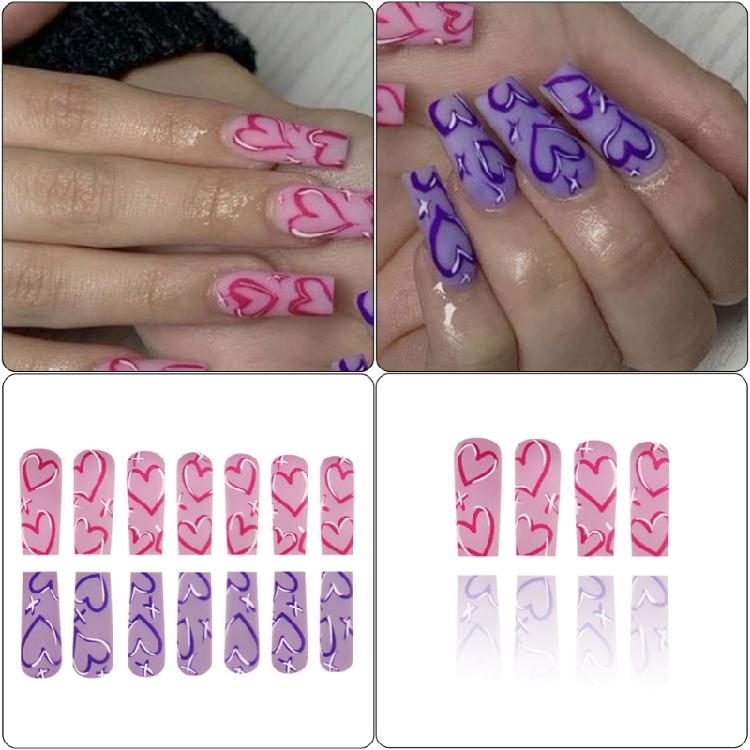 24 Pcs Long Coffin Press On Nail Heart Artificial Nail Valentines Day False Nail Festival Stick On Nail for Holiday