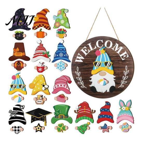 Festive Wooden Door Decoration 1 Set Interchangeable Welcome Sign with Seasonal Hat Accessories Gnome Hats Highland Cow Hanging Front Home