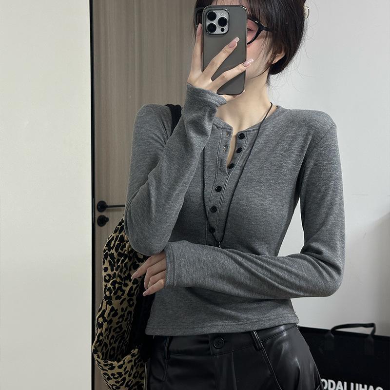 

Girls Slim Fit Long-Sleeve Button-Up T-Shirt, Half-Open Collar, Velvet-Lined for Autumn/Winter, Waist-Cinched Pure Desire Design. S (40-47.5 kg)