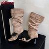 Fashion Fashion Open Toe Women Knee High Boots Shoes Female Flock Footwear Square Toe Ladies Sandals Boots With Thin Heels Shoes Pumps