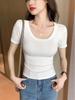 Women's Versatile Ribbed U-Neck Short Sleeve T-Shirt - High-End Feel, Fashionable Base Layer Top