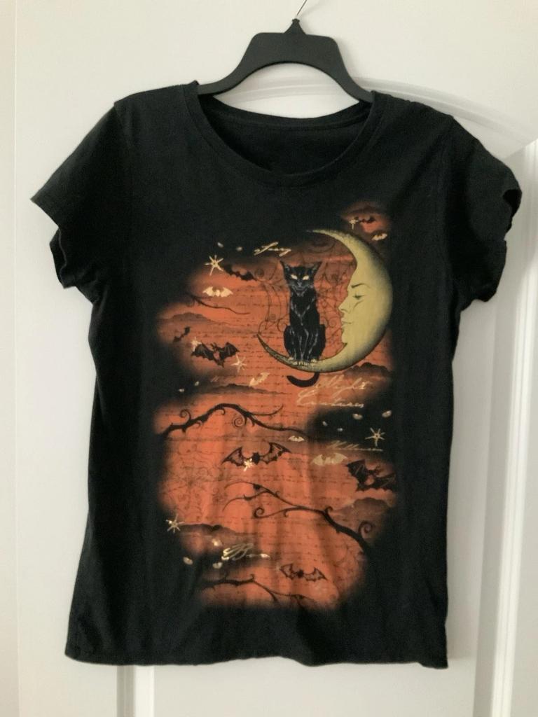 Celebrate Halloween T-Shirt Black Cat Crescent Moon Bats Women’s