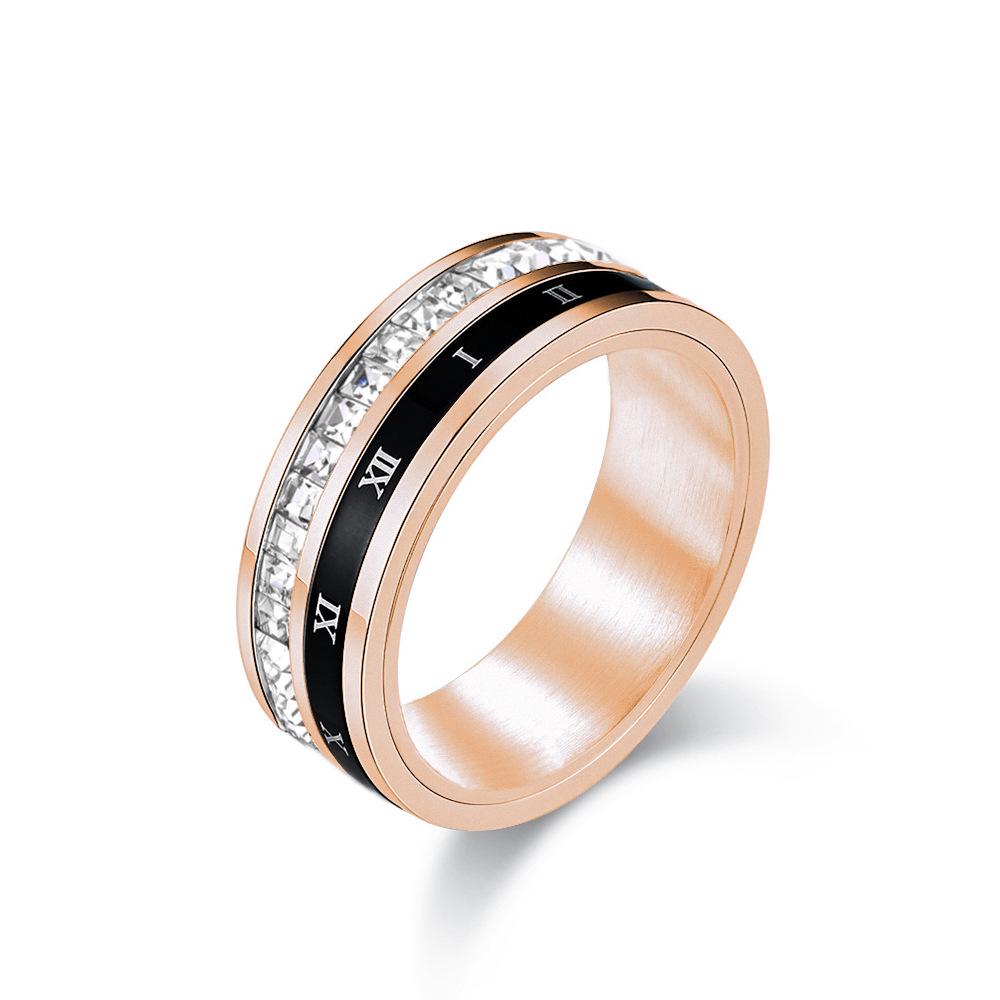 Luxury Roman Numeral Titanium Steel Rotatable Ring with Square Diamonds - Unisex Proposal Jewelry