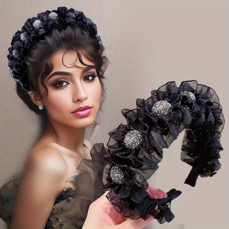 

Cute rhinestone mesh ruffle princess headband, elegant fashion hair accessory birthday gift for ladies чёрный