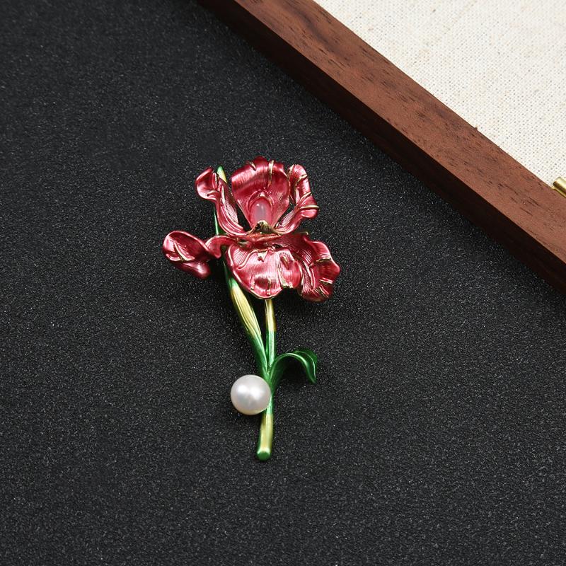 Classic Enamel Iris Brooches For Women Unisex Pearl Plant Pins Casual Gifts Friends Decoration