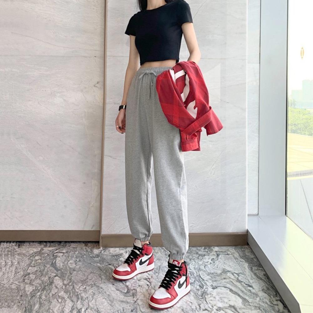 Women's Elastic Waist Jogger Pants Loose Fit Sweatpants Thin Polyester Solid Color Vintage Casual Ankle Length Athletic Trousers
