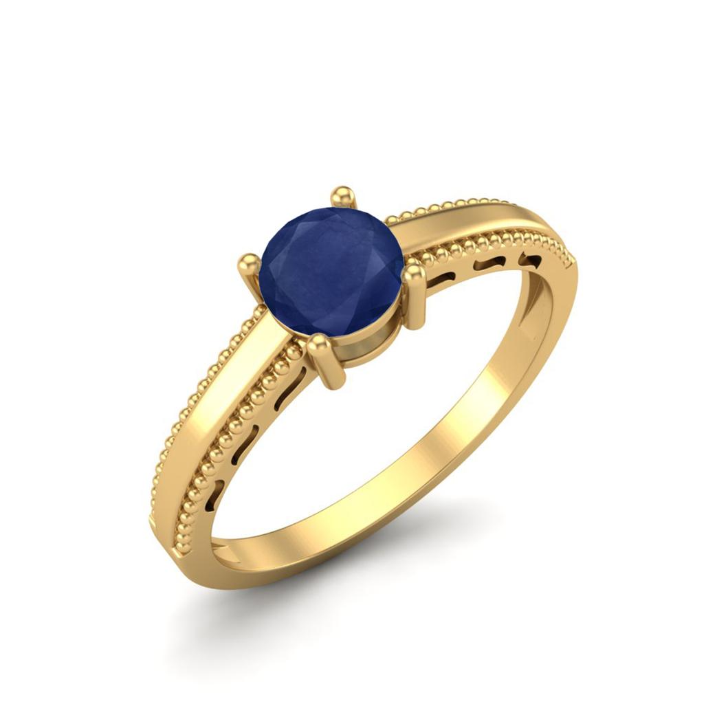0.65 Cts Round Blue Sapphire 925 Sterling Silver Gold Vermeil Beaded Shank Anniversary Women Ring