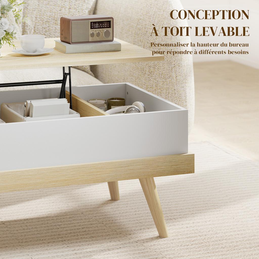 Coffee Table with 3 Hidden Compartments, Modern Living Room Table, Wooden Legs, 100x79x54cm, Natural White