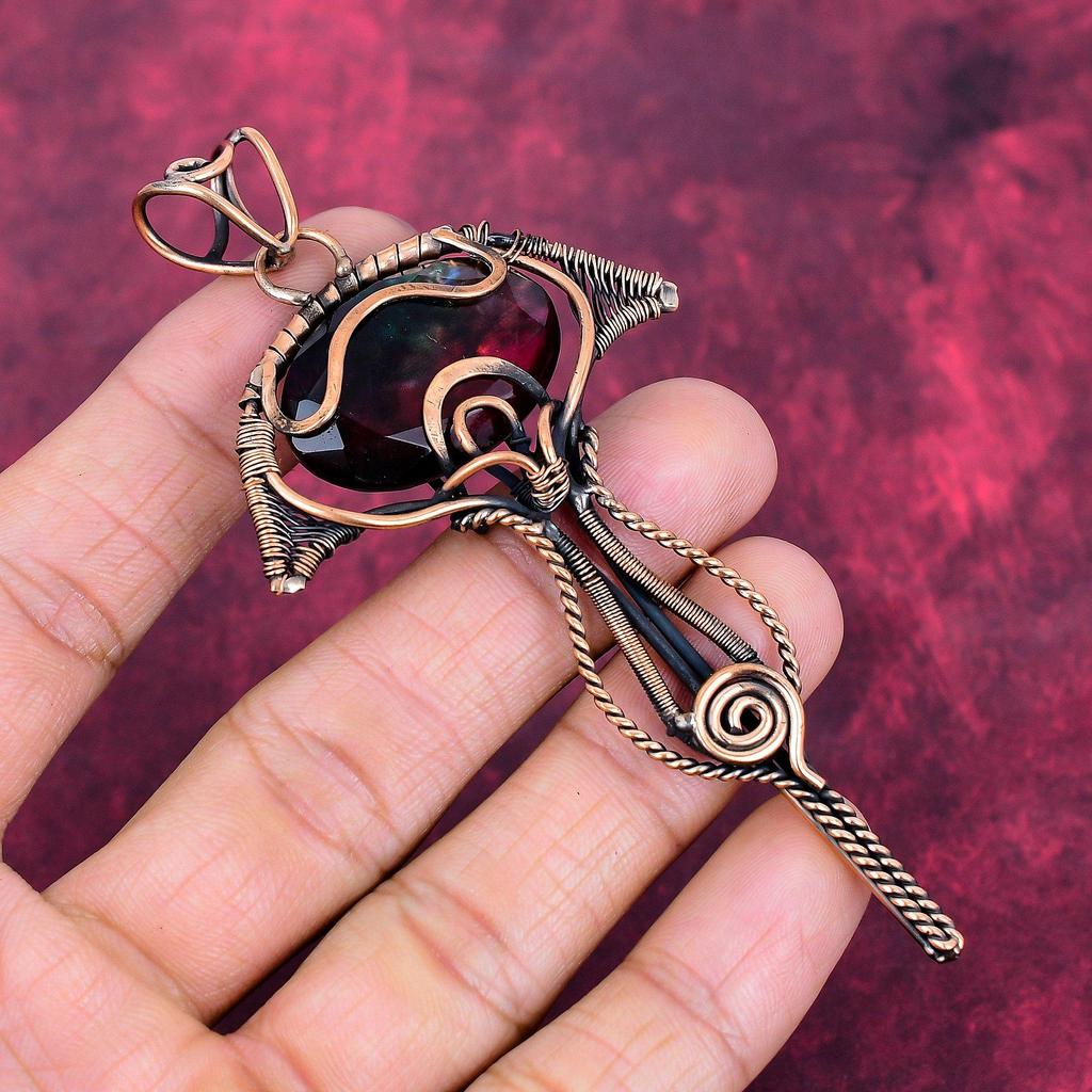 Faceted Ammolite Gemstone Pendant Copper Wire Wrapped Jewelry Handmade Pendant