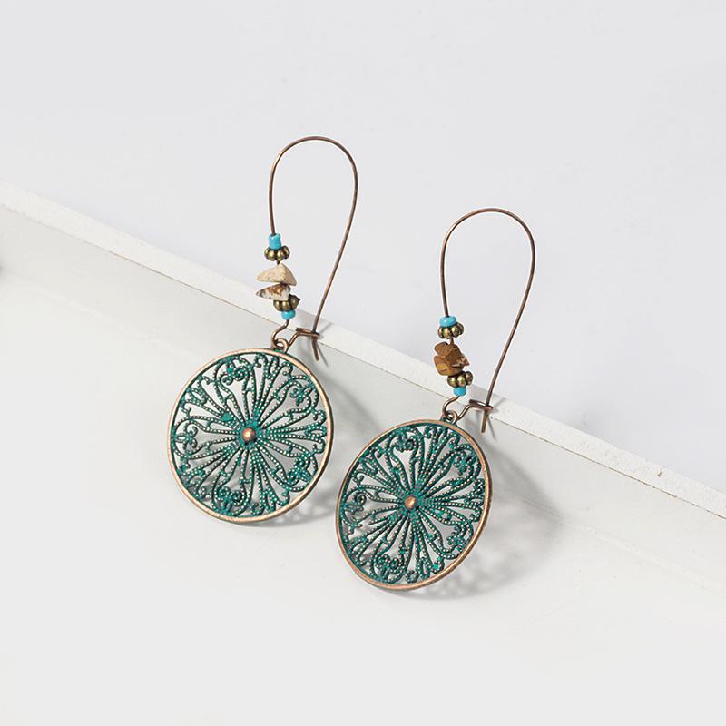 European and American bohemian style hollow pattern round brand earrings, retro bronze turquoise beaded women's earrings