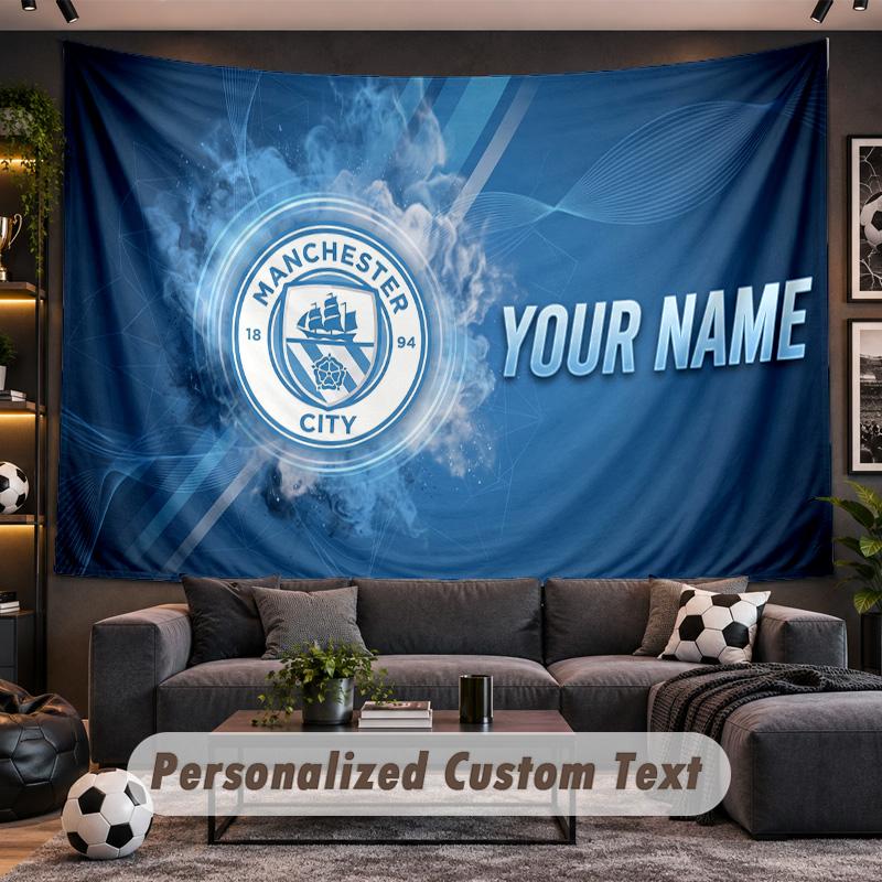 Manchester City Personalized Tapestry Support Custom Name, Wall Art Home Decoration