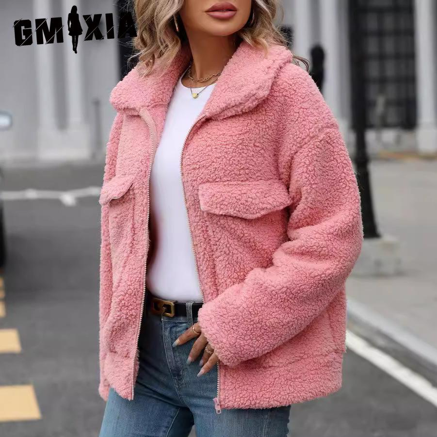 GMXIA Women's Autumn and Winter Loose Lapel Large Pocket Zipper Plush Coat