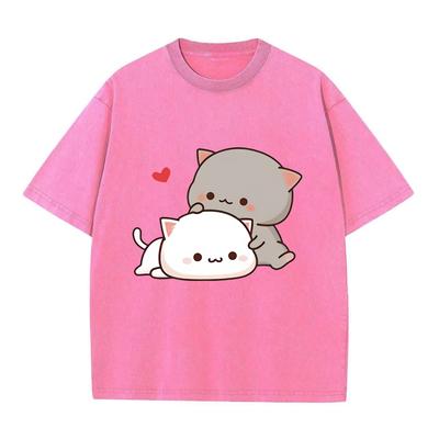 Kawaii Girl Anime T-shirt Fleece Harajuku Oversized Casual Pullover Cute Couple Valentine's Day Gift T-shirt Retro Washed Vintage T-shirt