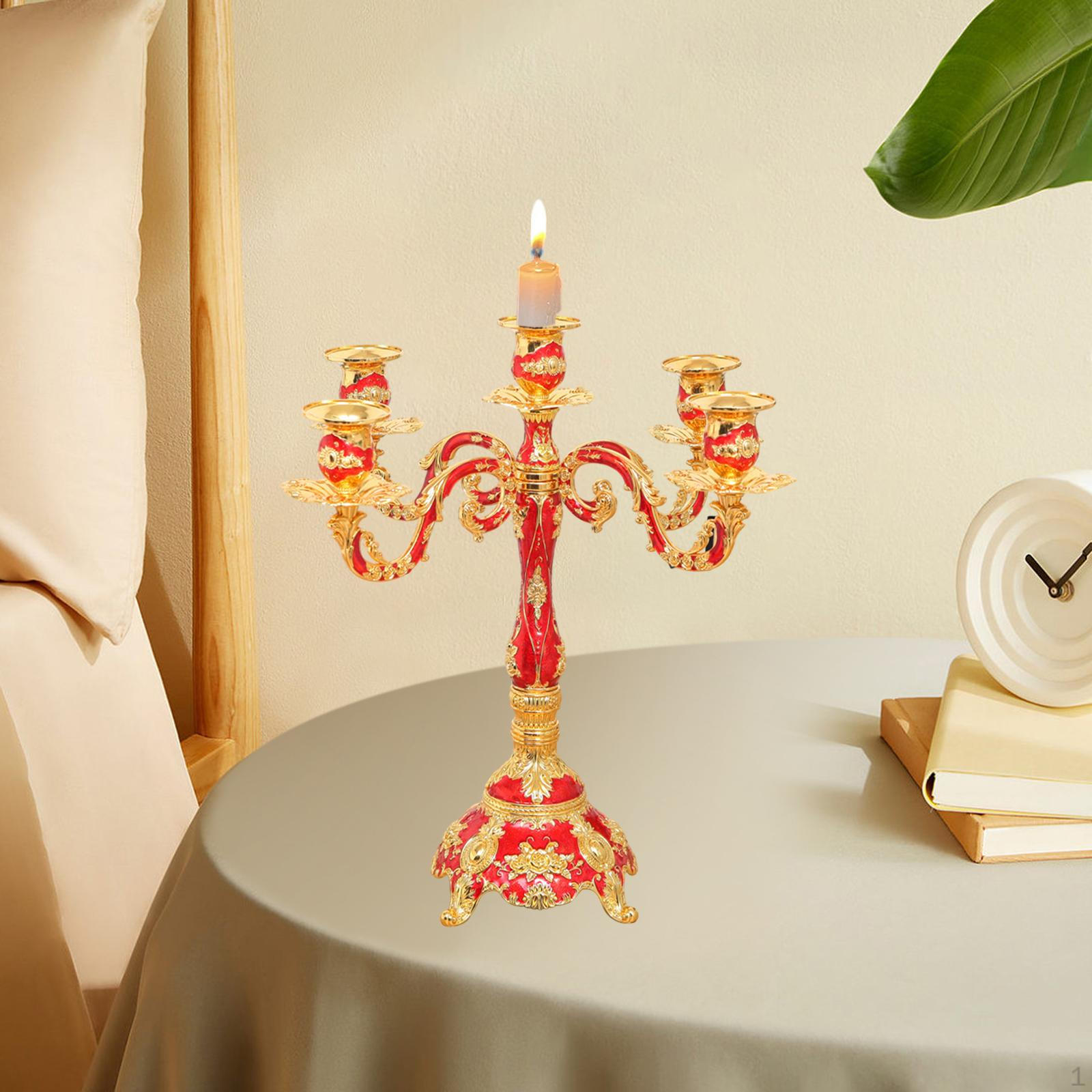 

5 Arm Candle Holder Metal Candlestick Candelabra Candles Stand for Fireplace Dinner Kitchen Counter Red Golden