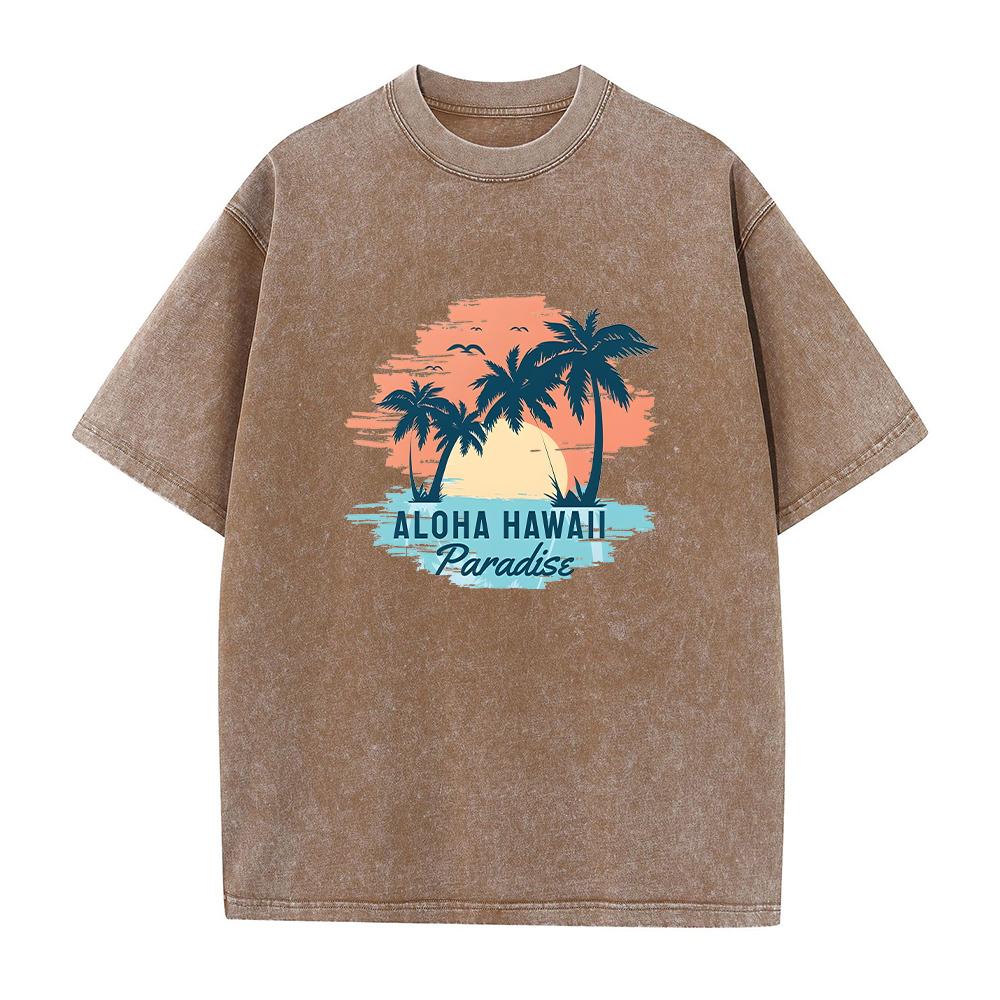 Mens Distressed Washed T Shirt With HAWAII Coconut Tree Print Pure Cotton Short Sleeve Vacation Style Casual Loose Fit Top