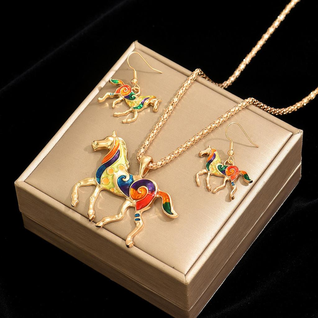 Animal Horse Pendant Necklace With Colorful Oil Drop Design For Women Summer Fashion