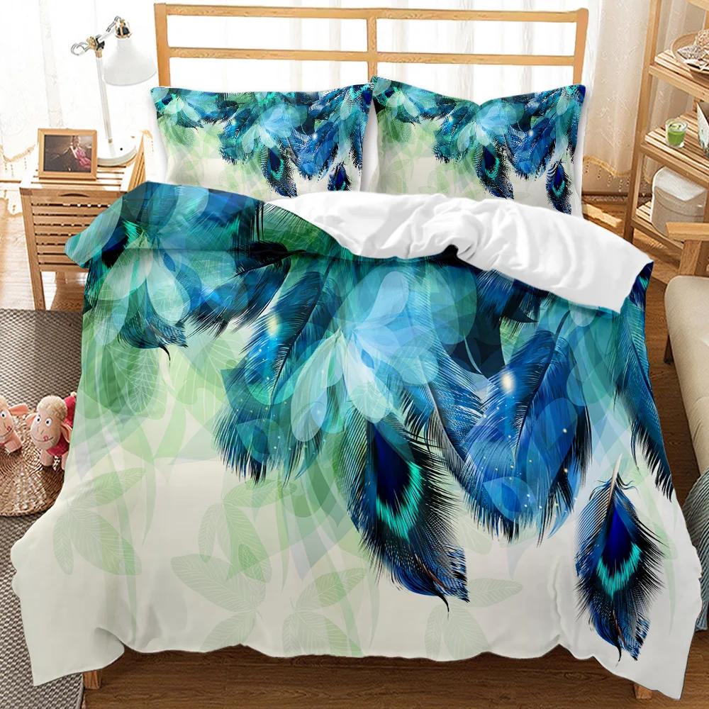 Feather Duvet Cover Set Green Dreamy Watercolor Elements Plumage Romantic Design Double Queen King Size Polyester Qulit Cover